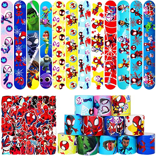 JUUFLA 86 PCS Spide Party Favors Gift Set, 36 PCS Spide Friends Slap Bracelet and 50 Stickers, Spide Theme Birthday Party Supplies Party Decorations for Kids, Goodie Candy Bag Stuffers for Boys Girls