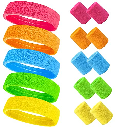 UQTUKO Ensemble Bandeau de Sport et Serre-Poignets - 15 Pièces Fluo Anti-Transpiration - Accessoires Rétro Années 80 et 90 Pour Fête