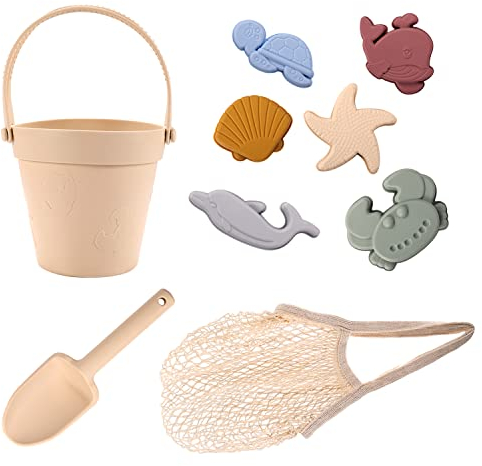 Luter Silikon Sandspielzeug für Kinder, Weich Silikon Strandspielzeug Set Einschließlich Strandeimer, Schaufel, 6 Meerestierformen Tragbare Strandtasche für Kleinkinder 4-10 (9 Stück)
