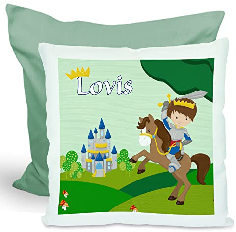CreaDesign, Kinder Kissen 40x40 cm personalisiert mit Namen, Kinderzimmer Deko Kissen Kinder mit Füllung Federn, Motiv Ritter 2, Rückenfarbe Grün