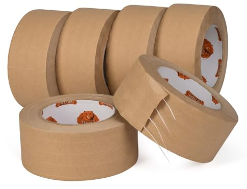 TAPEBEAR 6 Rollos Cinta engomada de papel Kraft Cinta engomada reforzada activada por agua cintas adhesivas biodegradables 50mm x 50m, reciclable cinta embalaje marron para envíos, mudanzas