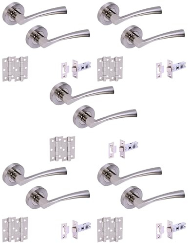 Hunta HANDLEZONE® 5 Sets Lobo Internal Door Handles on Rose Lever Latch Packs with 75mm Ball Bearing Hinges and 76mm Latches - Dual Polished/Satin Nickel