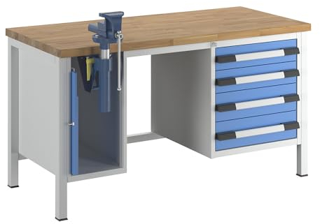 eurokraft | Werkbank | Gestellbauweise Serie 8000 | 4 Schubladen: 2 x 120 | 2 x 150 mm | 1 Schrank | BxT 1500 x 700 mm