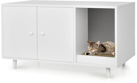 LIFEZEAL Armoire 2 en 1 pour Chat avec Griffoir, Table Basse avec Maison, 2 Portes et Pieds Relevés, Bac à Litière, Niche, Marron (Blanc)
