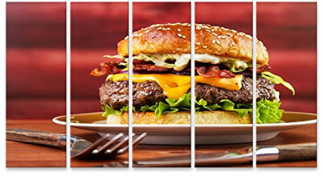 islandburner Cuadro sobre Lienzo Tocino Queso Hamburguesas Plato casa brioche Bollo Rojo Bloque Madera Fondo imágenes murales póster