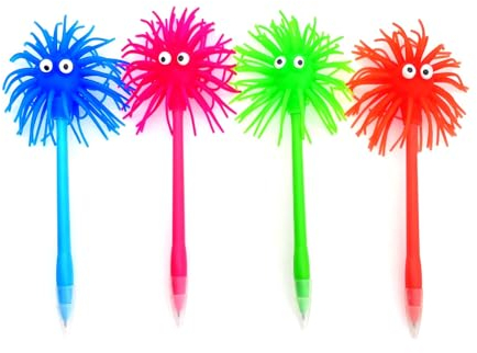 JZK 4 x Wackelkopf-Stift Mit Kulleraugen, Weicher Silikon-Pom-Pom, Lustiger Witz-Kugelschreiber, Wackelhaar-Cartoon-Charakter-Biro für Kinder und Erwachsene