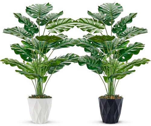 Der Rose 2 Stück Monstera Kunstpflanzen 71cm in Diamanttöpfen für Büro Deko | Schwarzer und weißer Diamanttopf im 2er Set, volle Monstera Blätter und stabile Basis für Wohnzimmer Bad und Büro
