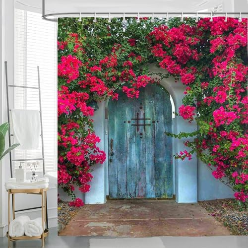 JIANGLANY European Town, tenda da doccia rustica primaverile con fiori, portico per esterni, stile fattoria, decorazione per giardino, bagno, impermeabile, in poliestere, set con ganci (2, 180 x 180