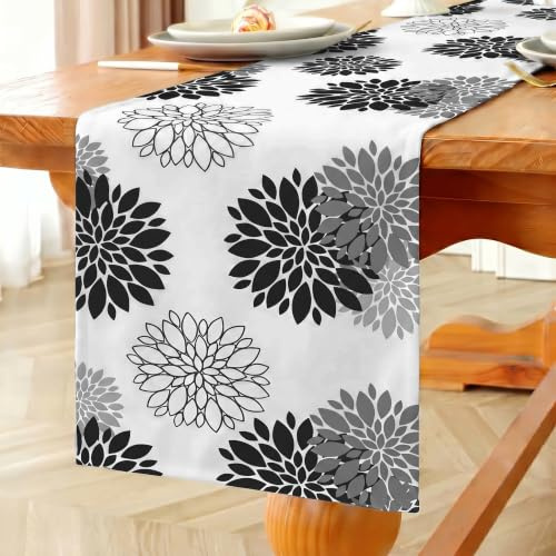 Vorysum Tischläufer Modern Blumen Schwarz Dahlien Tischläufer Wasserabweisend Leinen，Dekoration Tischdecke Outdoor Sommer Garten für Hochzeit Esszimmer Party Urlaub Dekor 33 x 120 cm