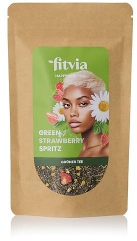 fitvia Green Strawberry Spritz – Grüner Tee lose, 100g – Fruchtige Mischung mit Erdbeeren & Kamille – Zuckerfrei, ohne Stevia – Aromatischer Grüntee mit echten Fruchtstücken – Made in Germany