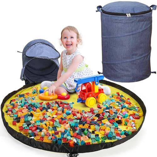 Duscdesp Aufbewahrungstasche für Spielzeug mit Spielmatte und Deckel, Bausteine Aufbewahrung Tasche Aufbewahrungsbox mit Spielteppich, Aufbewahrungskorb für Kinderzimmer, Kinder Geschenk (Blau)