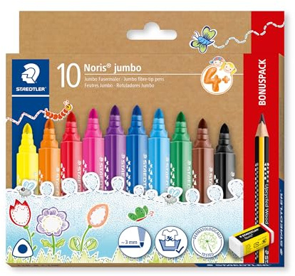 STAEDTLER Noris Jumbo 328-B Fiberpennor – 10 färger + penna & sudd