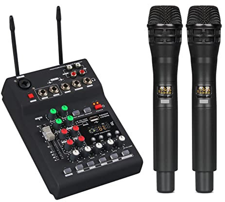 UHJKLA Portable 2-Channel Dj Mixer, Professional Audio Mixer with 2 Wireless Microphone, can Usb Bluetooth Mp3 Reverberation Effect for Pc Party Studio Recor