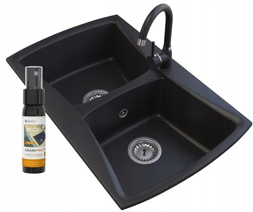 Granit-Doppelwaschbecken mit Armatur, Ecktülle, 2 Kammern, Schwarz, Montageset inklusive, 79,5x49,5 cm - Granitan DOUBLE Linie