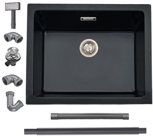 iAnomla Quartz Black Kitchen Sink, 50x45cm/20x18in, Composite Inset/Undermount Kitchen Small Sink Waste Kit,Single Bowl Commercial with Overflow, Suitable for Workstation