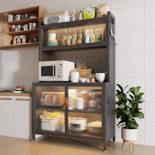 LKPMGOA Küchenschrank für Küchenaufbewahrung mit Rädern, Buffetschrank mit Aufbewahrung, 5-stufiges Vorratsschrank, Große Kapazität, mit 8 Haken(Black,60cm)