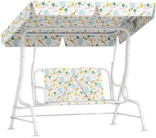 AIYAPLAY Kinder Hollywoodschaukel 2-Sitzer Kinderschaukel mit verstellbarem Sonnendach, Sicherheitsgurt Gartenschaukel für 3-6 Jahre Kinder Weiß 110 x 74 x 113 cm