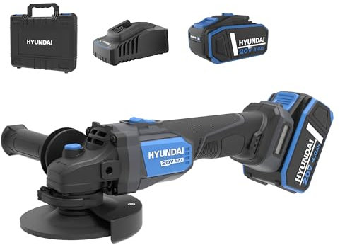 HYUNDAI Akku-Winkelschleifer AG20X-125-4A2 | 20V, bürstenloser Motor | 125mm, M14, 8500/min | Trennschleifer mit Zusatzgriff, Schutzhaube | Lieferumfang: 2 x 4.0Ah Akku, Ladegerät, Koffer