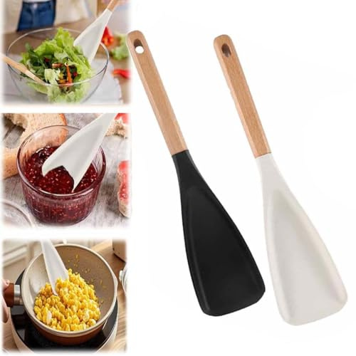 2PCS Consensuts Multi Function Spoon, Consensuts Spatula, 2-in-1 Long Wood Handle Matte Silicone Scoop Salad Spoons, Cooking Spoon for Nonstick Cookwares, Multi-Function Spatula Spoon