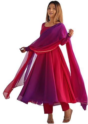 GoSriKi Women's Georgette Anarkali Solid Kurta with Pant & Dupatta, Pink, M