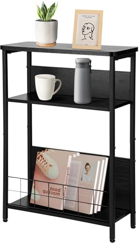 JF HOME BLISS Vintage Bedside TableNarrow Side Table with Storage Shelf, 3-Tier Modern Small Bedside Sofa Slim End Table with Magazine Rack for Living Room, Hallway,Bedroom, Space Saving (Black)