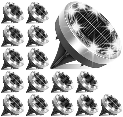 Klein Solar Bodenleuchten Aussen, 16 Stück 8 LED Mini Solarleuchten für Außen, Solarlampen für Außen, Led Solar Gartenleuchten, Kaltweiß, IP65 Wasserdicht, Edelstahl, Geeignet für Rasen, Gehweg