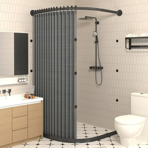 zenggp Gebogenes Duschvorhang-Set Mit Duschvorhangstange Und Wasserrückhaltestreifen, Magnetischer Saugnapf Und Wasserdichtem Design, Für Kleine Badezimmer(X（85-90）× Y（85-90）,Gray+Black)