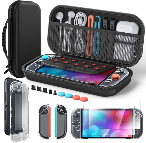 Étui de Transport et Coque Protection Écrans pour Nintendo Switch 2, Noir | Klipdasse 5en1 Kit d'accessoires: Housse Portable, Coque Cristal, 2x Protecteurs Écran, Bouchons Silicone, Capuchons Joystick