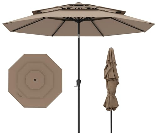 COSTWAY Sombrilla Terreza Exterior Inclinable Ø3m de 3 Niveles, Sombrilla de Patio Grande con Botón de Inclinación, Manivela, 8 Costillas, Parasol Exterior para Jardín Piscina (Café Oscuro, sin Luz)