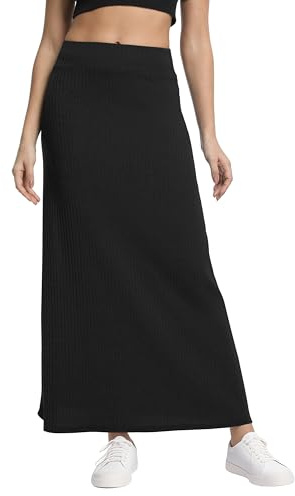 Urban CoCo Women's High Waist A-Line Maxi Skirt Comfy Ribbed Knit Long Skirt(L,Black)