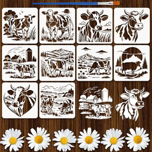 FINGERINSPIRE 10Styles Kuh Schablonen Mit Pinsel 30x30cm Malschablonen Für Bauernhofkühe Schablonen Mit Mustern Für Milchvieh Bauernhof Themen Vorlage Zum Malen Auf Holz Wänden Stoffen Möbeln Dekor