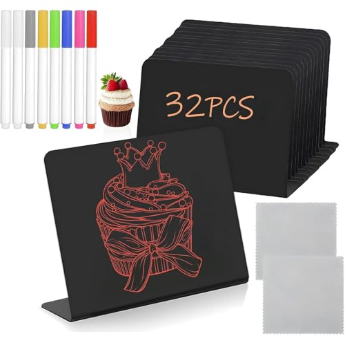 Nokwocy Lot de mini tableaux noirs, 32 pièces + 8 stylos + 2 nettoyants, forme en L - 100 x 75 mm - Pour panneaux de messages, étiquettes de prix, cartes de table, panneaux de buffet, mariage, fête