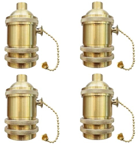 E27 Lampenfassung Vintage mit Zugkette Schalter 4 Stück - Aluminium und Kupfer Deckenfassung für DIY Pendelleuchte, Hängelampe und Tischlampe - E27 Sockel Edison Retro Stil (Gold Bronze)