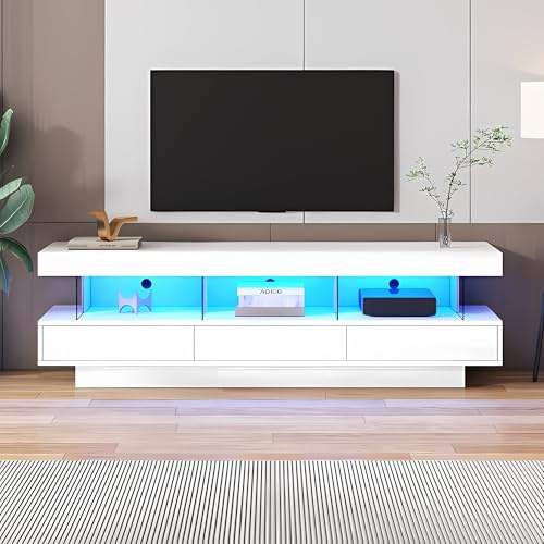Meuble TV brillant avec compartiments en verre 3 tiroirs avec éclairage LED - Connexion Bluetooth pour TV de 70 - Pour le salon - Noir - 160 cm