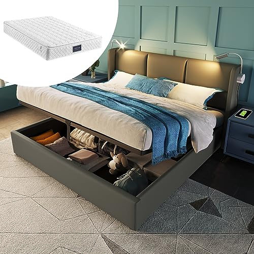 kozamas Letto imbottito 160 x 200 cm, letto matrimoniale completo con materasso e rete ergonomica a doghe, struttura del letto in stile scandinavo, con ampio spazio di archiviazione, in lino naturale