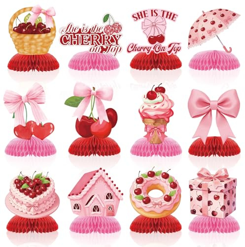 Lednica Decoraciones de fiesta de cumpleaños de cereza rosa y roja, 12 piezas de centros de mesa de panal de abeja para baby shower, boda, decoración de mesa de despedida de soltera