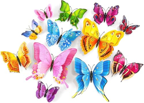 UCLEVER 24 farfalle decorative da parete, riutilizzabili, a doppio strato, adesivi 3D, per decorazioni per feste con magneti (colorati)