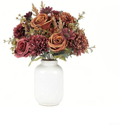Linnkyfloa 2 mazzi di fiori autunnali in seta, rose arancioni e ortensie artificiali da 33 cm, con steli di filo metallico, decorazione per la casa e per matrimoni autunnali (1)