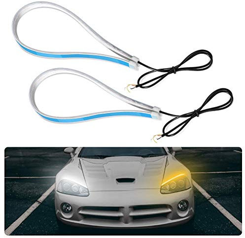 bande led voiture exterieur, Qiilu 60 cm LED lumière de jour, lampe décorative double couleur ultra mince voiture tube souple LED bande lumière de jour lumière de clignotant lampe