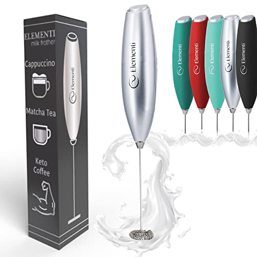 Elementi Milk Frother Handheld - Powerful Mini Coffee Frother Whisk - Hand Held Coffee Whisk Electric & Frappe Maker - Drink Mixer, Stirrer & Electric Milk Foamer (Silver)