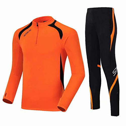 ANUFER Jungen Herren Lange Ärmel Fußball Trainingsanzüge Schnelltrocknend Draussen Sportswear Set SN071211 Orange L
