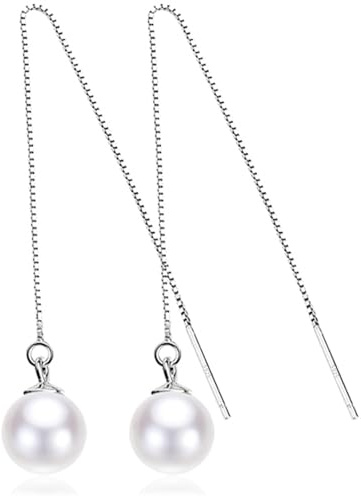 Perlen-Ohrstecker-Ohrringe für Frauen, Zieher aus 925er Sterling-Silber, lange hängende Ohrringe, Perlen-Anhänger-Ohrringe mit glänzenden Kugeln und 10-mm-Perlen, Geschenk für Frauen und Mädchen