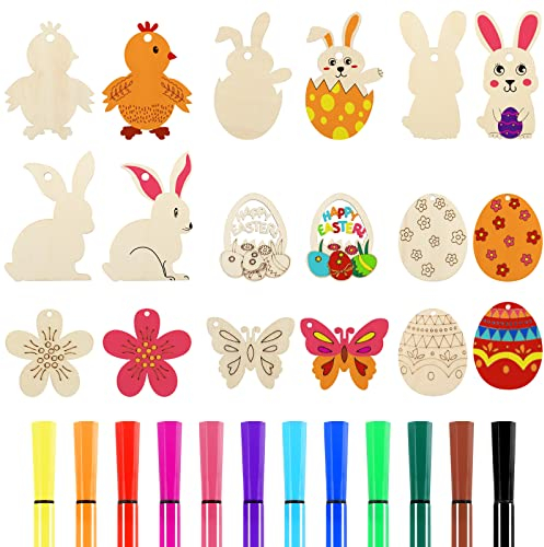 LIHAO 48 TLG Holzanhänger Ostern Deko mit Schnur DIY Basteln zum Bemalen Holz Anhänger für Kinder Ostereier Osterhase Blumen Schmetterling Küken Ornamente Verzierungen (MEHRWEG)