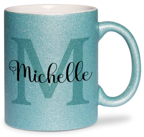 glitzertassen.de® | Namenstasse mit Buchstabe | Personalisiert| Tasse mit Glitzer | Geschenkidee | Keramik | 330 ml | Türkis