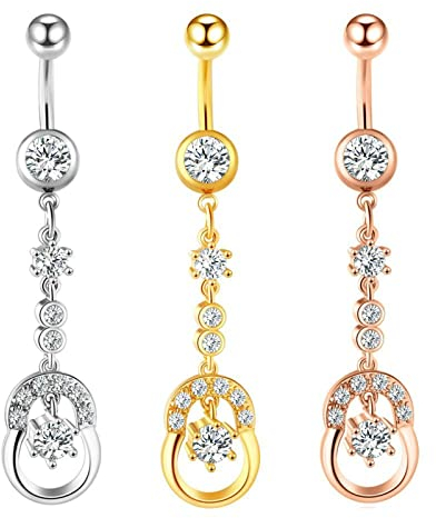 Beydodo Körperschmuck Piercing Bauchnabel Chirurgenstahl, Bauchnabelpiercing Set 14G Lang Anhänger mit Zirkonia Bauchnabel Ringe Tricolor
