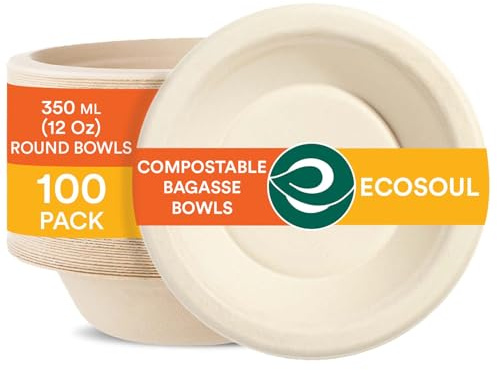 ECO SOUL Disposable Bagasse Paper Bowls 350 Ml(12 Oz)- 100 Pack (Natural) | Made from bagasse fibre, Plastic-free & compostable, Microwave & freezer safe, Leak-resistant strength, Ideal for hot & cold