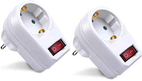 EXTRASTAR Schuko Adapter mit Schalter und Steckdosen, Kinderschutz, Flammschutz, 3680 W, 16 A, Weiß, 2 Stück