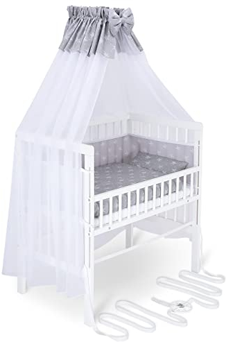 FabiMax Baby Beistellbett für Boxspringbett, TÜV geprüft 2022, inkl. Matratze und Komplett Set, Buche massiv weiß, Air/weiße Sterne auf grau