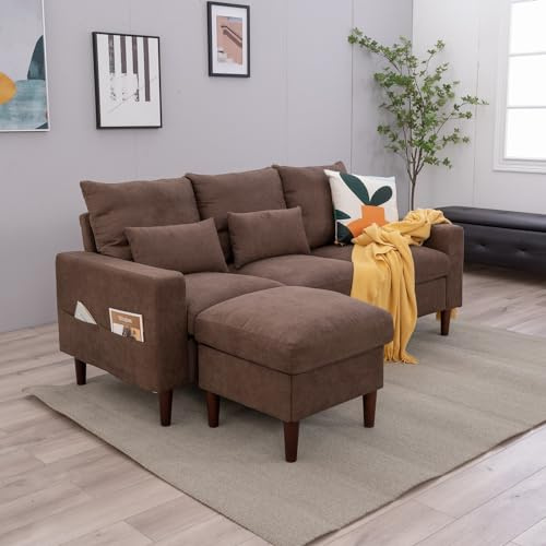 Panana Sofa with Footstool Fabric L Shaped Sofa Corner Sofa Couch Lounge Sofa Left or Right Chaise Settee for Living Room Home Office (Brown, 3 Seater with Footstool)
