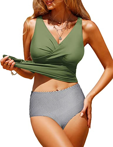 RITOSTA Tankini-set för kvinnor, baddräkt, magkontroll, 2-delat baddräkter, badkläder, push-up vadderad vridning, framtill, tankini-topp med hög midja, baddräkt, halterneck V-hals, Armégrönt, M